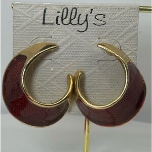 Vintage Unique Gold and Burgundy Crescent Hoop Earrings NWT